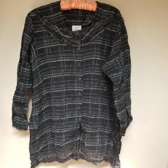 Spirit House Women's Small Plaid Black Art To Wear Shirt Top Blouse Linen Cotton - Picture 2 of 9